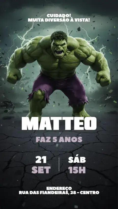 Convite Convite Digital O Incrível Hulk – tema Aniversário Infantil verde, preto, roxo, super-heróis, marvel, quadrinhos