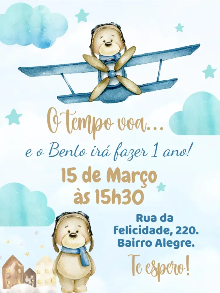 Invitación Convite digital O tempo voa aviador – tema Aniversário Infantil aviador, nuvens, ursinhos, azul e branco, estilo lúdico, temática infantil