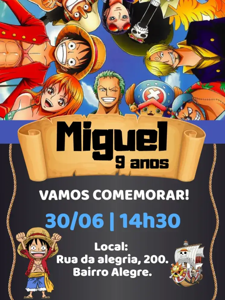 Invitación Convite digital One Piece – tema Aniversário Infantil pirata, aventura, colorido, divertido, infantil, fantasia