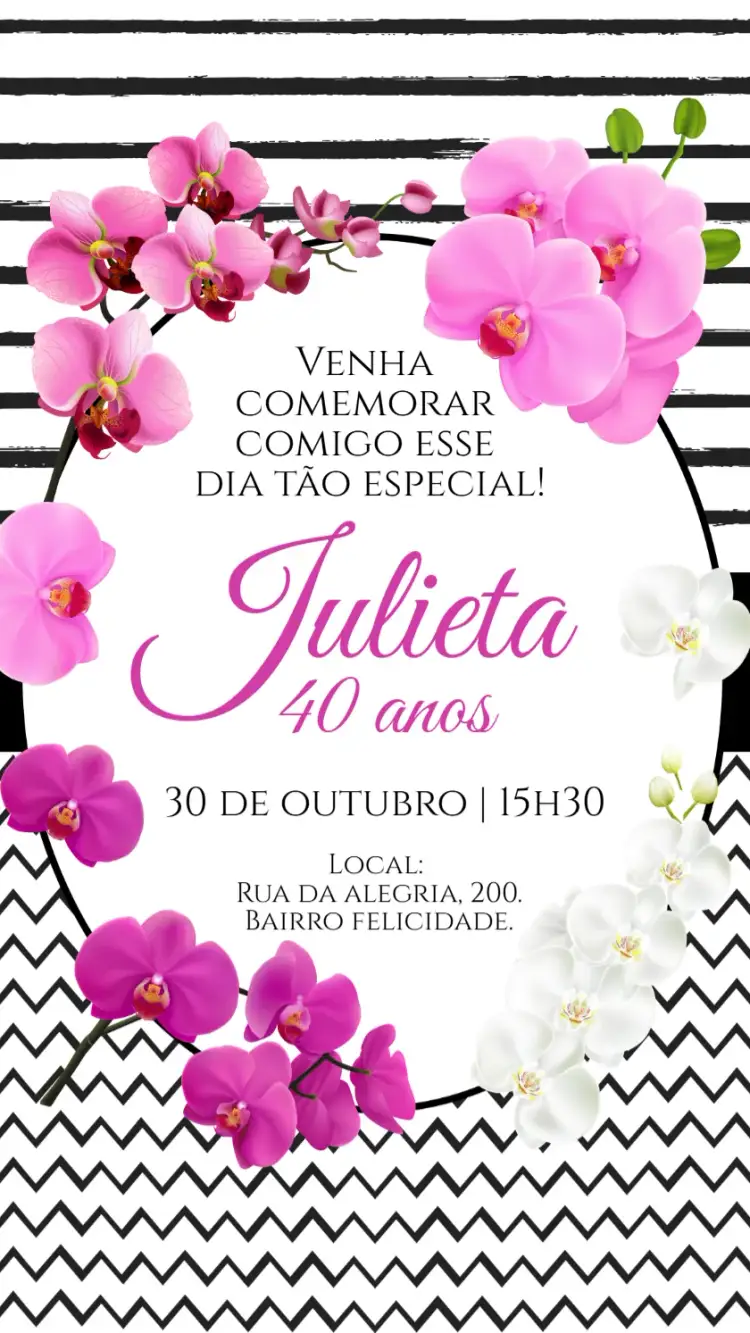 Convite Convite digital Orquídeas flores – tema Aniversário floral, elegante, suave, colorido, moderno