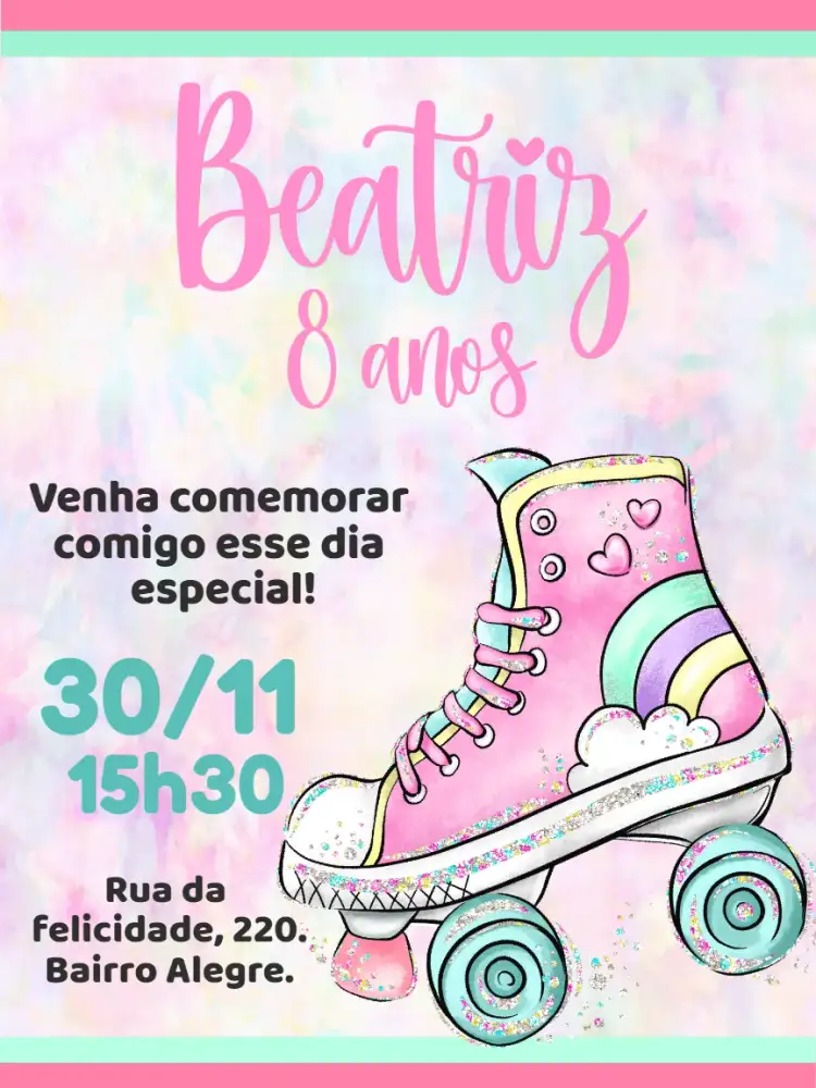 Invitación Invitación digital Patines VSCO girl – tema Cumpleaños Infantil rosa, lila, moderno, divertido, juvenil, colorido