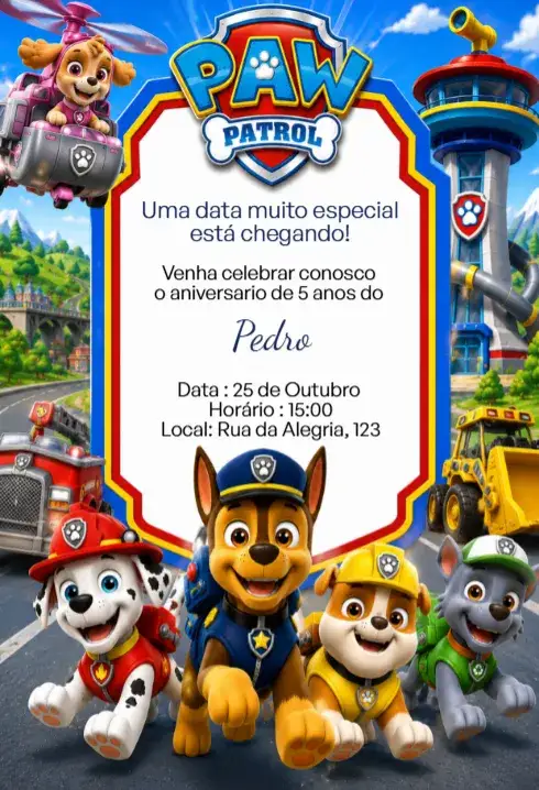 Convite Convite Digital Patrulha Canina Aventura Editável – tema Aniversário Infantil colorido, divertido, aventura, infantil, personagens