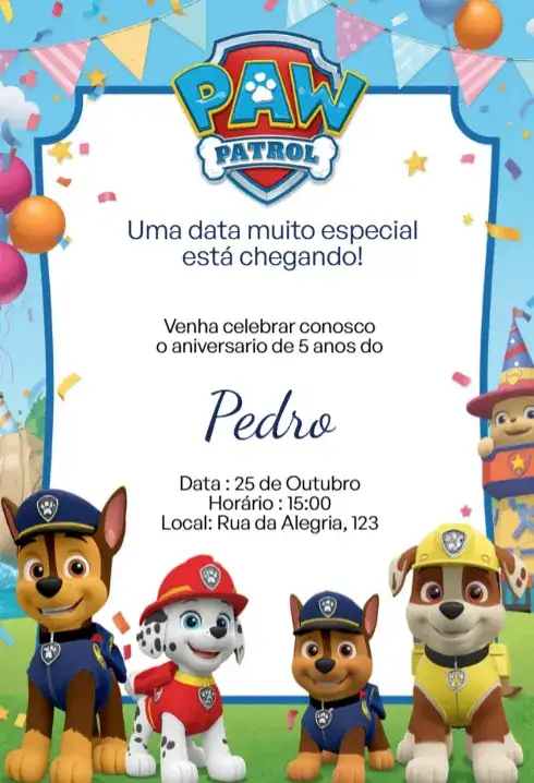 Convite Digital Patrulha Canina Azul Festa Editável
