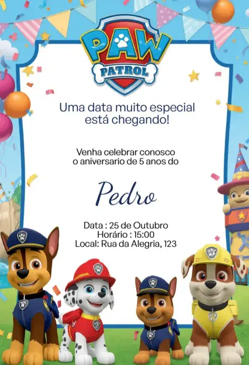 Convite Convite Digital Patrulha Canina Azul Festa Editável – tema Aniversário Infantil azul, colorido, divertido, infantil, aventura, animais