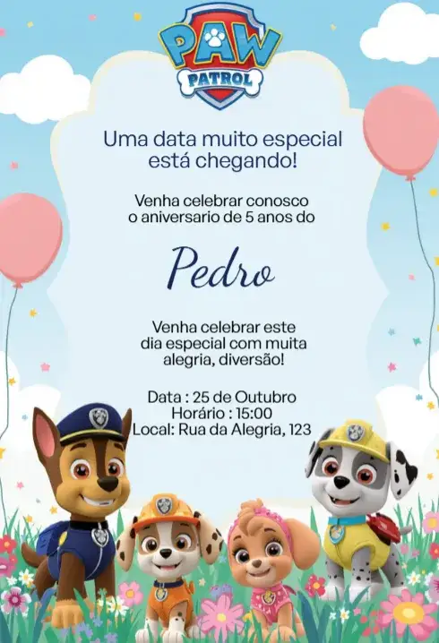 Invitación Convite Digital Patrulha Canina Baby Editável – tema Aniversário Infantil colorido, divertido, temático, infantil, animado