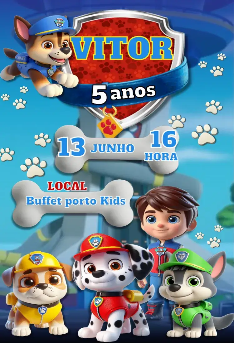 Convite Convite Digital Patrulha Canina – tema Aniversário Infantil colorido, divertido, temático, infantil, animado