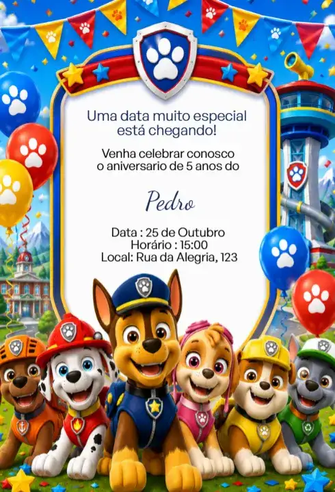 Convite Digital Patrulha Canina Completo Editável