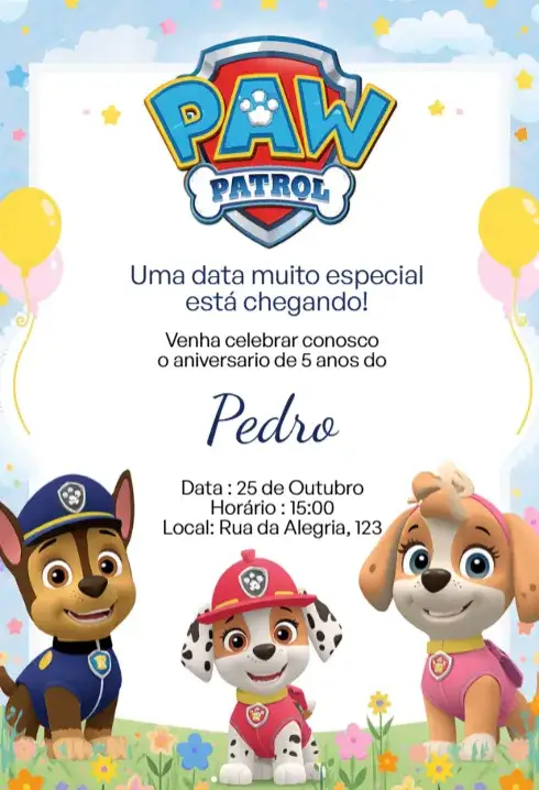 Invitación Invitación Digital Patrulla Canina Delicado Editable – tema Cumpleaños Infantil delicado, colorido, lúdico, temático, infantil