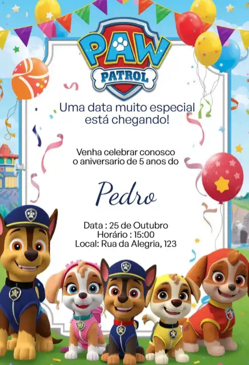 Convite Digital Patrulha Canina Festa Editável
