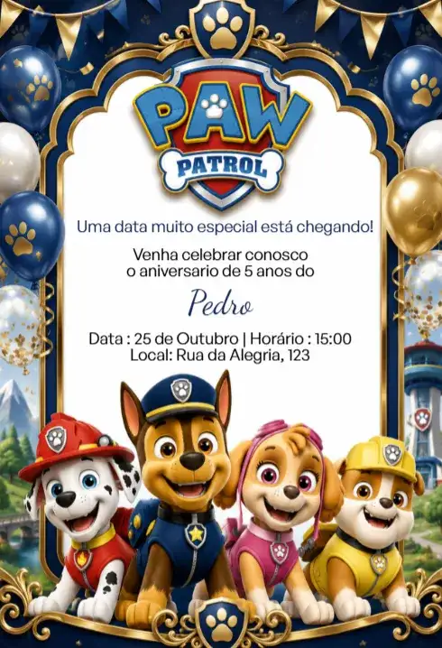 Convite Digital Patrulha Canina Luxo Azul Dourado Editável