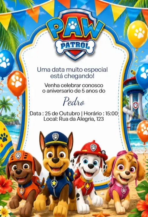 Invitation Convite Digital Patrulha Canina Praia Editável – Aniversário Infantil theme colorido, praia, aventura, infantil, divertido