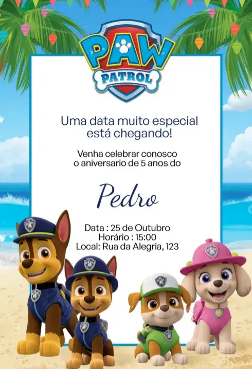 Convite Convite Digital Patrulha Canina Praia Editável – tema Aniversário Infantil colorido, praia, infantil, divertido, temático