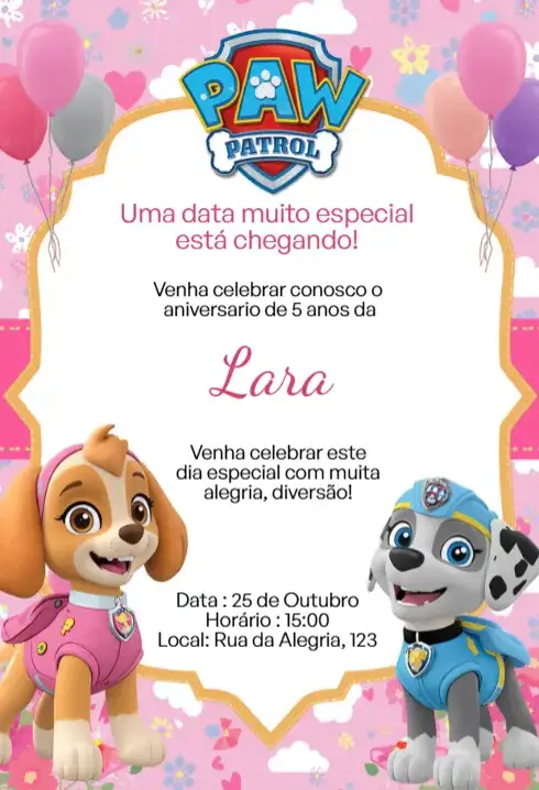 Convite Convite Digital Patrulha Canina Rosa Editável – tema Aniversário Infantil rosa, divertido, infantil, colorido, temático