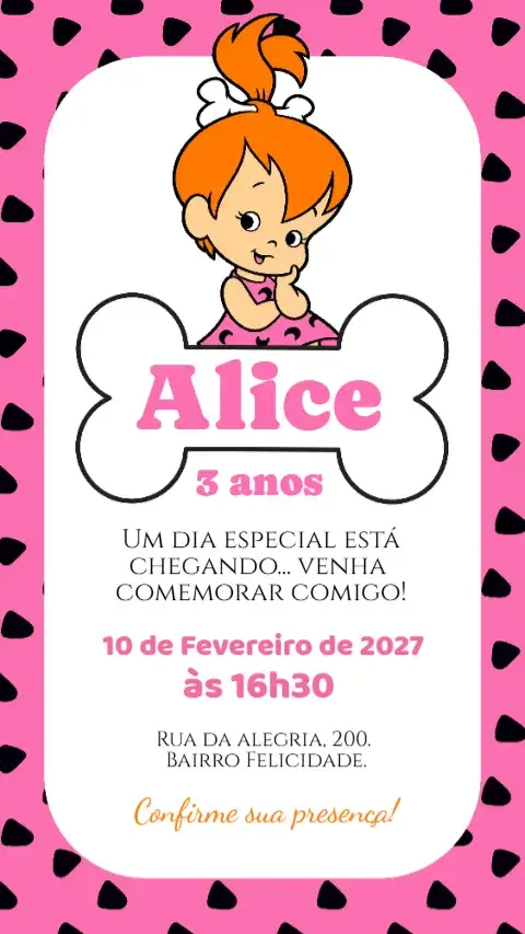 Convite Convite digital Pedrita rosa – tema Aniversário Infantil rosa, lúdico, temático, pré-histórico, colorido