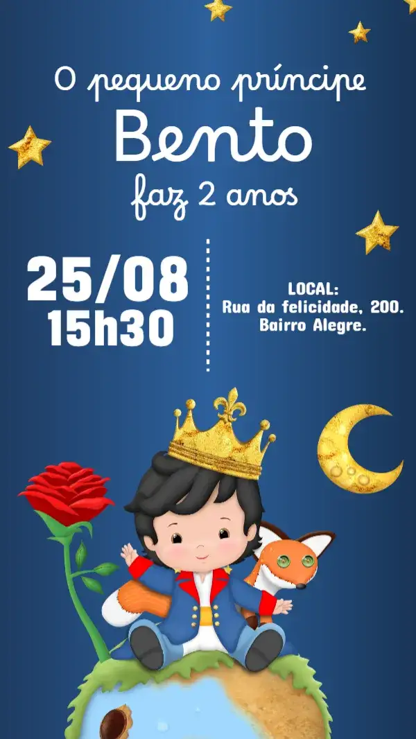Convite Convite digital pequeno príncipe – tema Aniversário Infantil lúdico, colorido, moderno, infantil, fantasia