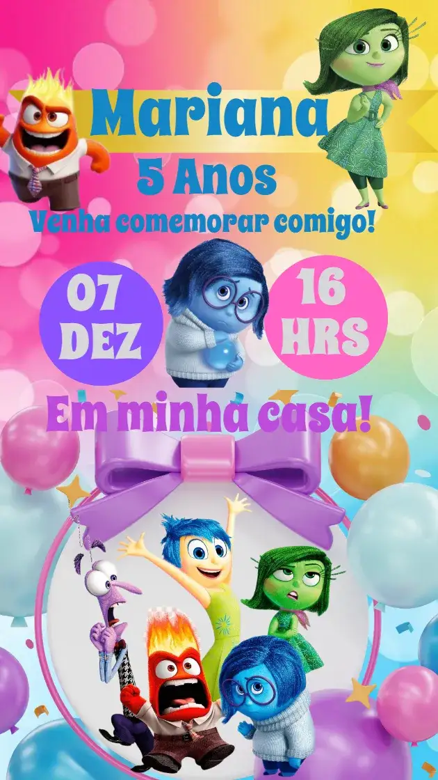 Invitación Convite Digital Personalizado Divertida Mente – tema Aniversário Infantil rosa, divertido, princesa, lúdico, colorido, infantil