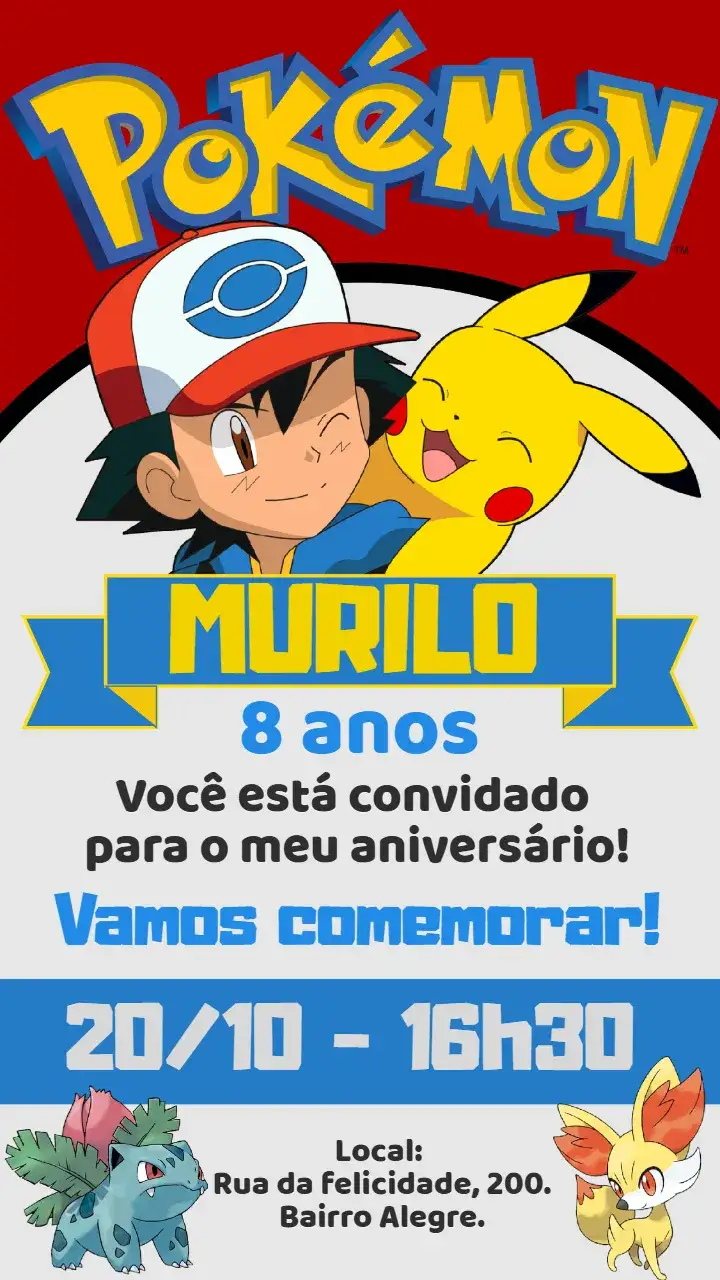 Convite Convite digital Pokemon – tema Aniversário Infantil colorido, divertido, jovial, temático, moderno