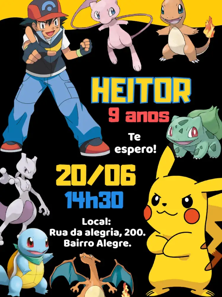 Convite Convite digital Pokemon – tema Aniversário Infantil colorido, divertido, jovial, temático, lúdico