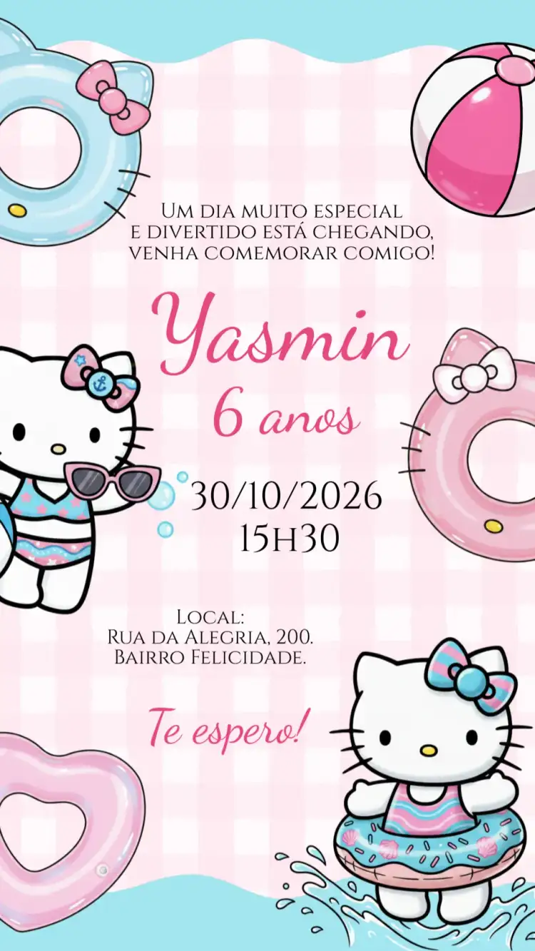 Convite digital Pool Party Hello Kitty