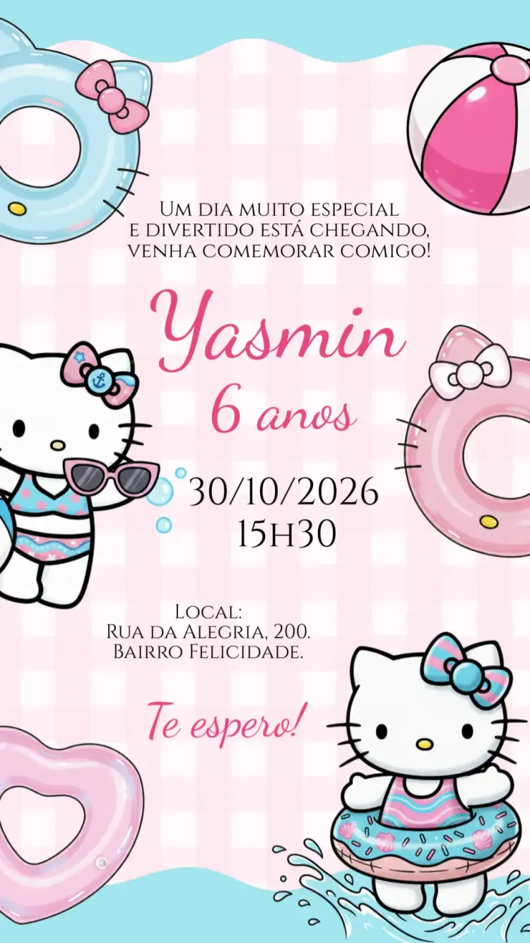 Invitation Convite digital Pool Party Hello Kitty – Aniversário Infantil theme colorido, divertido, infantil, temático, lúdico