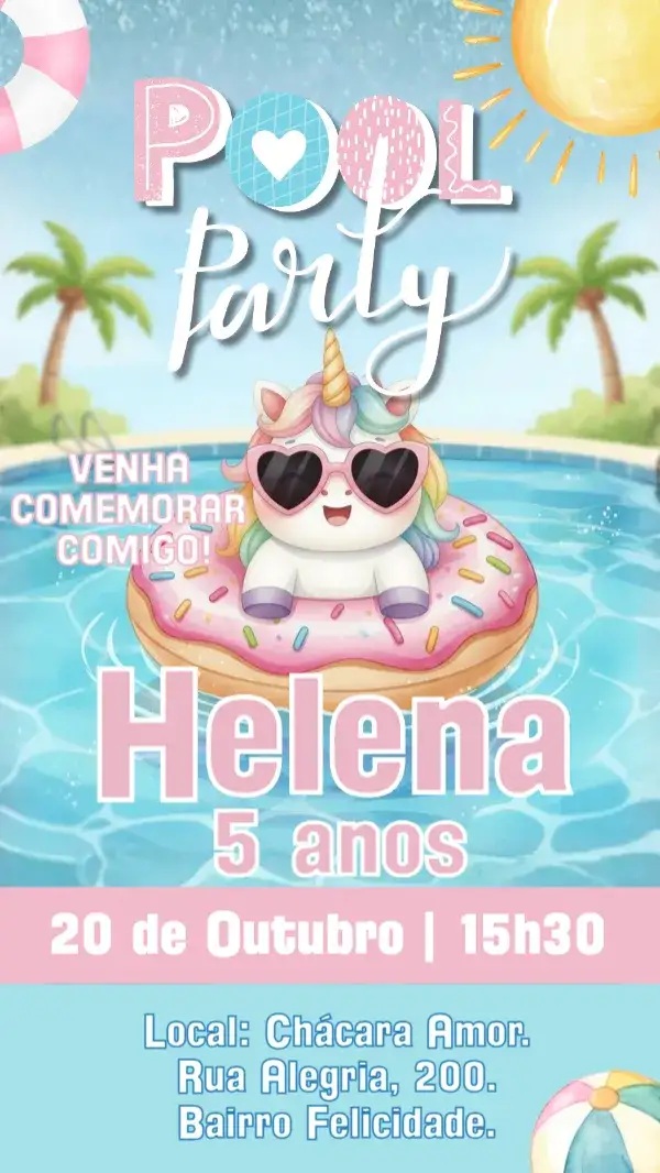 Invitation Digital Invitation Pool Party Unicorn – Kids' Birthday Party theme watercolor, colorful, fantasy, summer, magical, fun