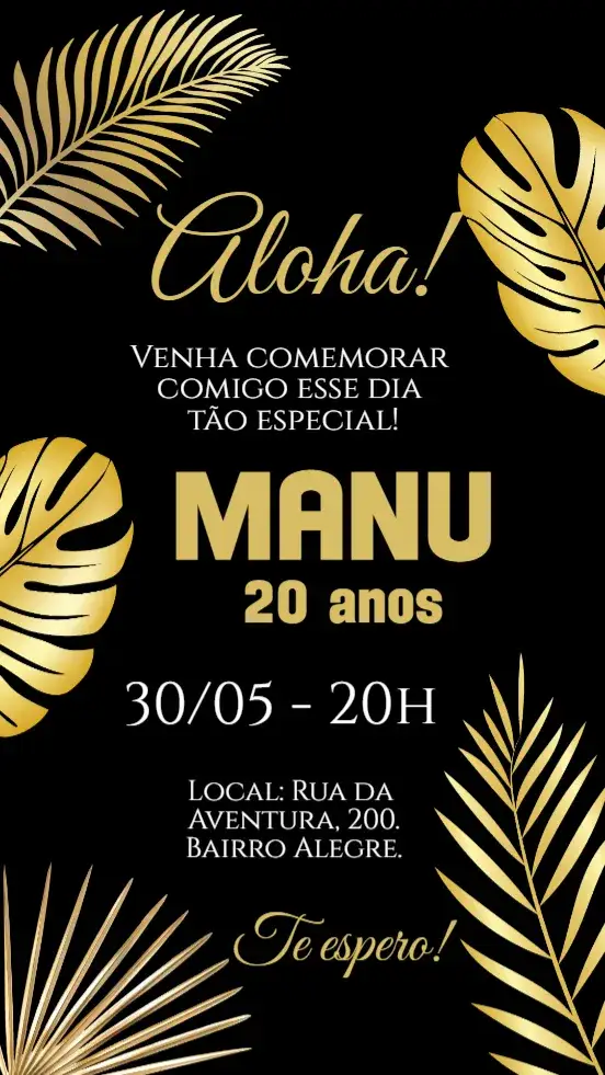 Convite Convite digital Preto e dourado tropical luau – tema Aniversário tropical, elegante, moderno, dourado, preto, folhagens