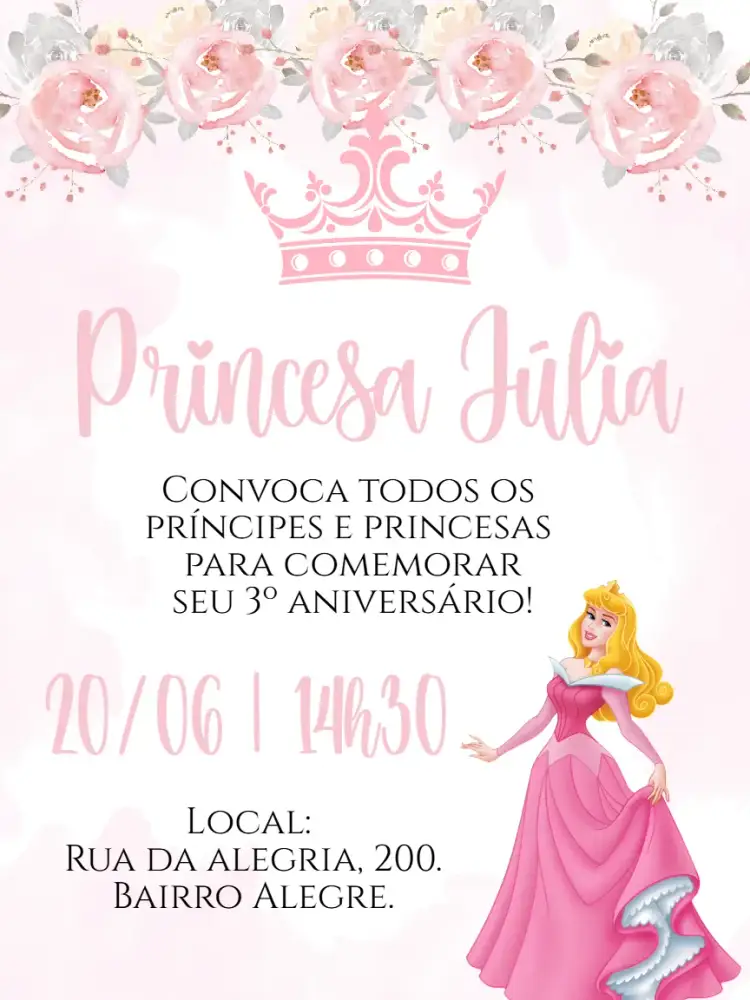 Convite Convite digital Princesa Aurora – tema Aniversário Infantil cores pastel, estilo conto de fadas, elementos gráficos de fadas, detalhes florais, toques de brilho, design delicado