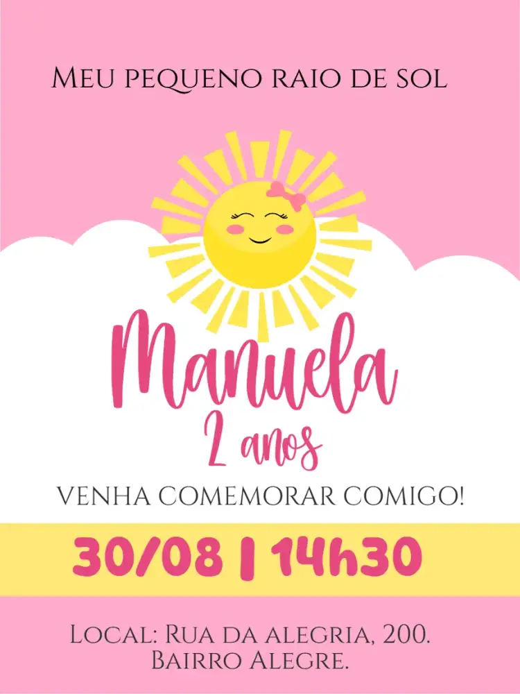 Invitación Convite digital raio de sol – tema Aniversário Infantil cores vibrantes, estilo lúdico, elementos gráficos de sol, design alegre, temática infantil
