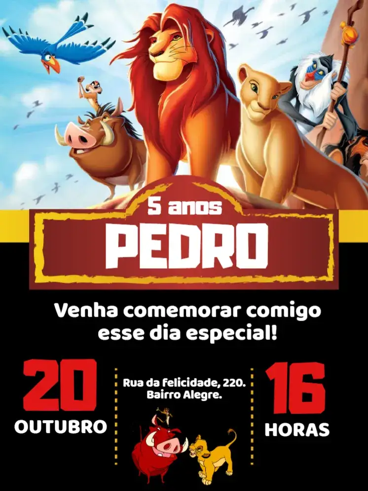 Invitación Convite digital Rei Leão – tema Aniversário Infantil cores vibrantes, visual alegre, elementos da savana, inspirado em animação, estilo divertido, temática de aventura