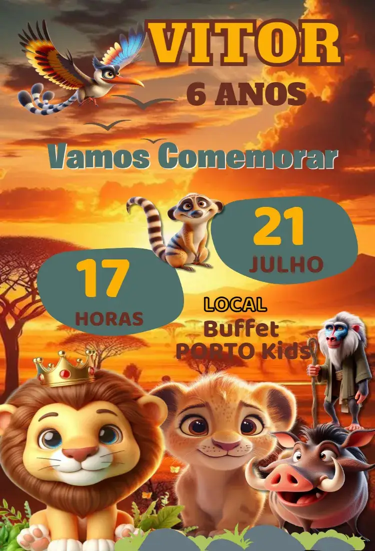 Convite Convite Digital Rei Leão – tema Aniversário Infantil colorido, animais, tropical, aventura, fantasia