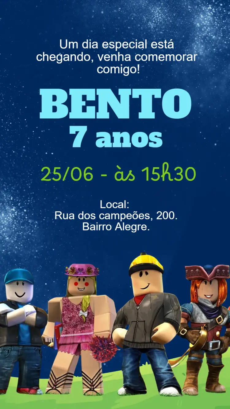 Convite Convite digital Roblox – tema Aniversário Infantil azul, jogos, diversão, aventura, colorido