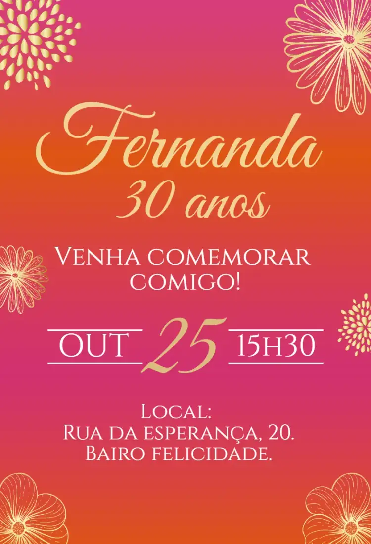 Convite Convite digital Rosa e dourado – tema Aniversário floral, tropical, delicado, moderno, elegante