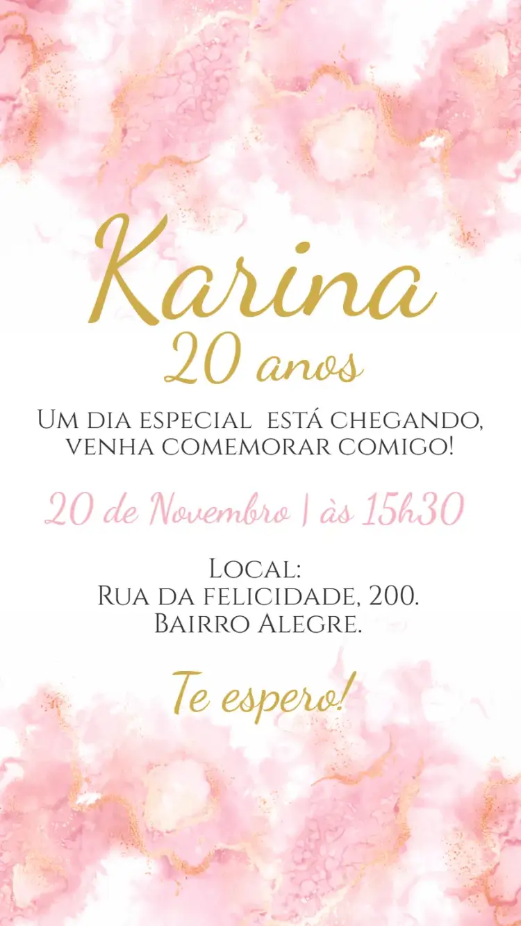 Invitación Convite digital rosa e dourado – tema Aniversário rosa, dourado, moderno, elegante, feminino