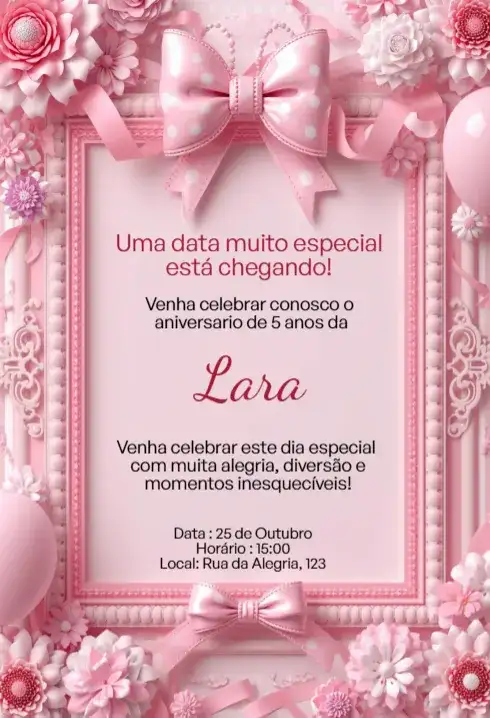 Convite Digital Rosa Floral com Laço Luxo Editável