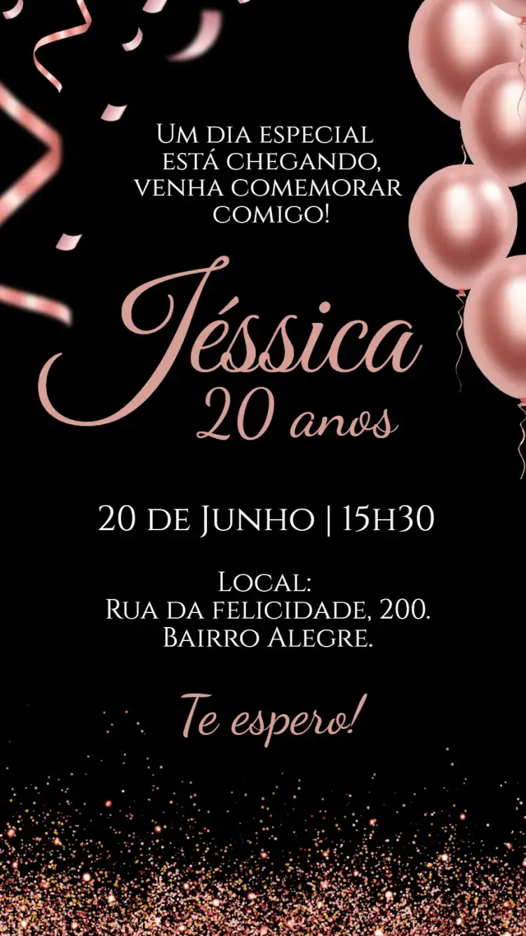 Invitation Convite digital rose gold – Aniversário theme rose gold, glitter, moderno, feminino, elegante, brilho
