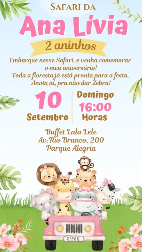 Convite Convite Digital Safari Menina – tema Aniversário safari, rosa, animal print, natureza, aventura, divertido