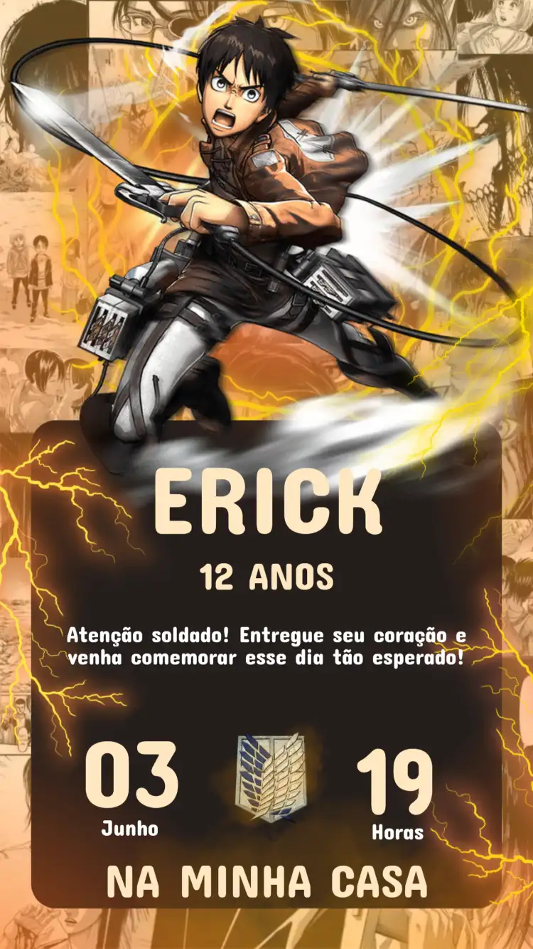 Convite Digital Shingeki no Kyajin - Eren Yeager Editável e Personalizado