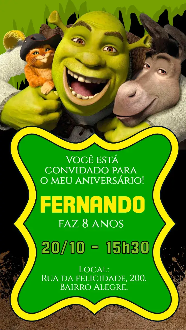 Invitación Invitación digital de Shrek – tema Cumpleaños Infantil temática Shrek, colores vibrantes, ilustraciones divertidas, estilo de caricatura, elementos del bosque, diseño colorido