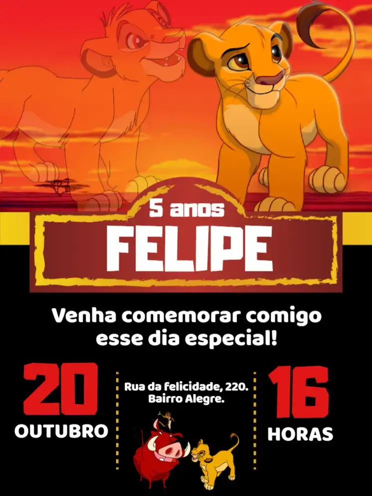Invitación Convite digital Simba Rei Leão – tema Aniversário Infantil selva, colorido, divertido, animais, aventura, temática Disney