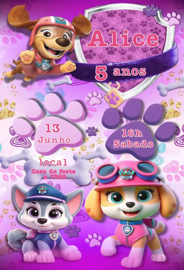 Convite Convite Digital skye – tema Cartão cores suaves, estilo infantil, elementos gráficos da patrulha canina, design vibrante, tema de festa, alegria e diversão