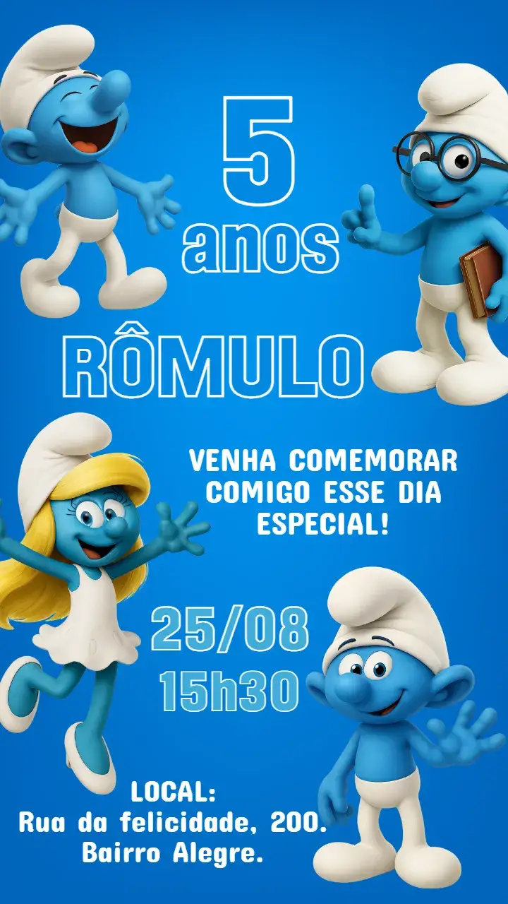 Invitación Invitación digital de los Pitufos – tema Cumpleaños Infantil azul, lúdico, divertido, colorido, temático, infantil