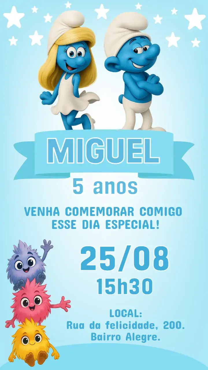 Invitación Invitación digital de Los Pitufos – tema Cumpleaños Infantil colorido, lúdico, infantil, temático, divertido