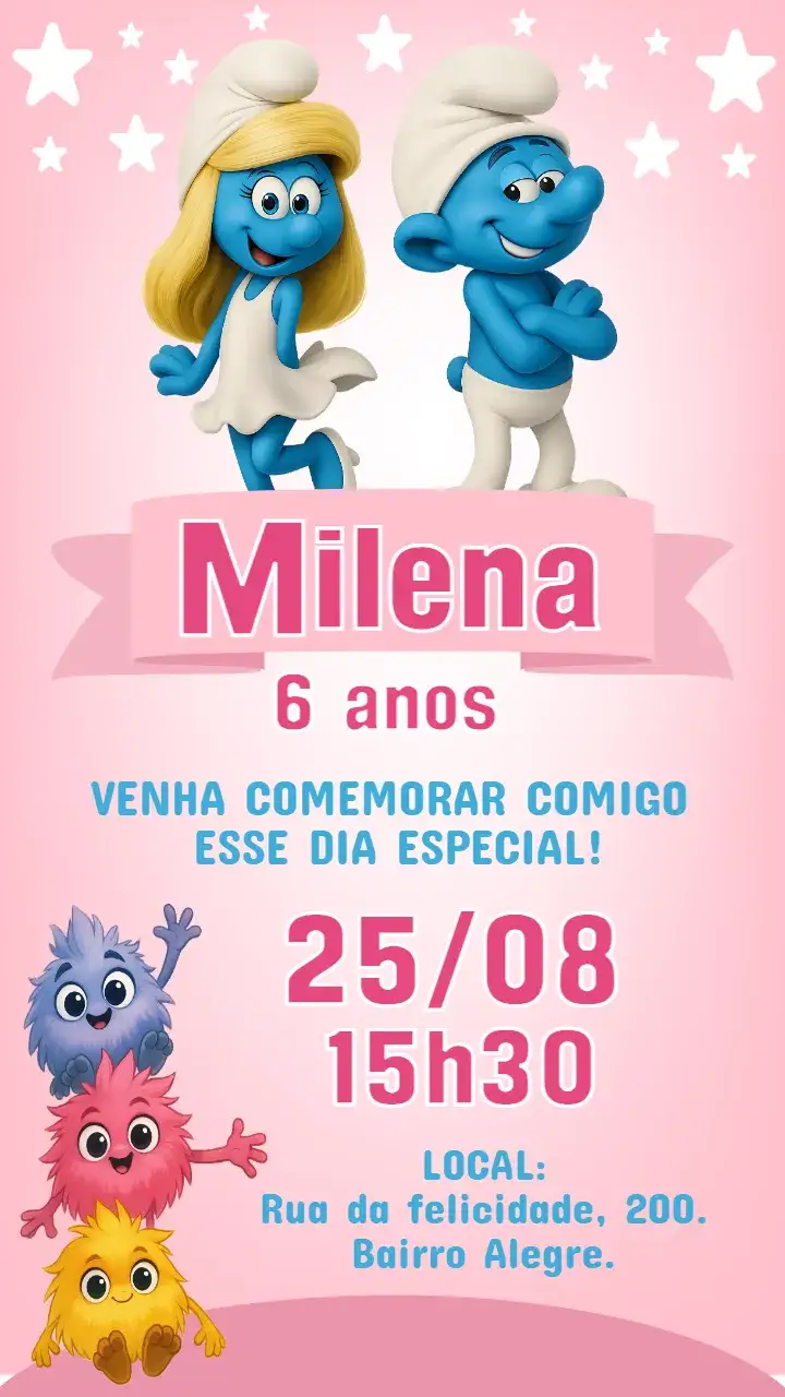 Invitación Invitación digital de los Pitufos – tema Cumpleaños Infantil colorido, divertido, lúdico, rosa, temático, ilustraciones de los pitufos