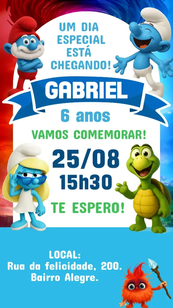 Invitación Invitación digital de los Pitufos – tema Cumpleaños Infantil colorido, divertido, temático, infantil, ilustrativo