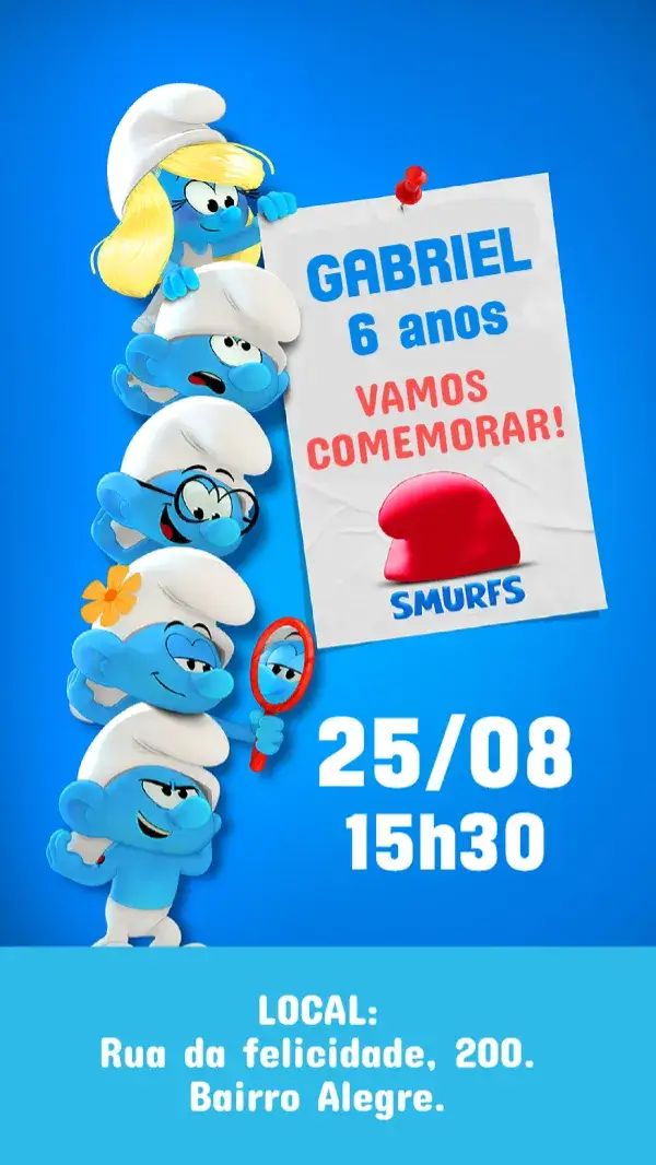 Invitación Invitación digital de los Pitufos – tema Cumpleaños Infantil azul vibrante, ilustraciones de personajes, estilo de dibujos animados, tema de aventura, diseño divertido