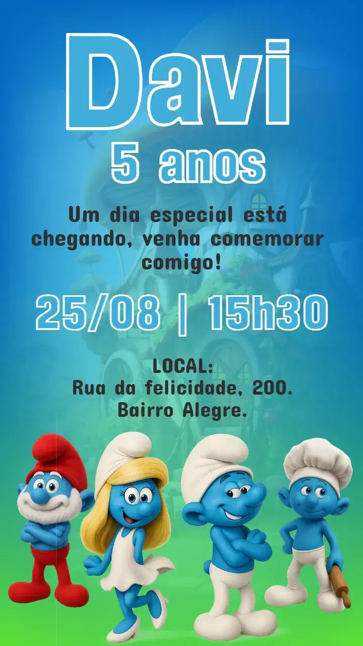 Convite Convite digital Smurfs – tema Aniversário Infantil vibrante, colorido, lúdico, divertido, temático, infantil