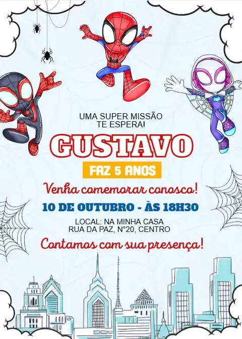 Convite Convite Digital Spidey e Seus Amigos Espectaculares 2 – tema Aniversário Infantil super-heróis, colorido, moderno, divertido, jovial