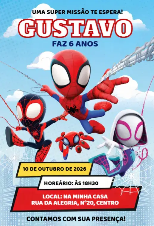 Convite Convite Digital Spidey e seus Amigos Espetaculares – tema Aniversário Infantil colorido, moderno, temático, jovial, dinâmico