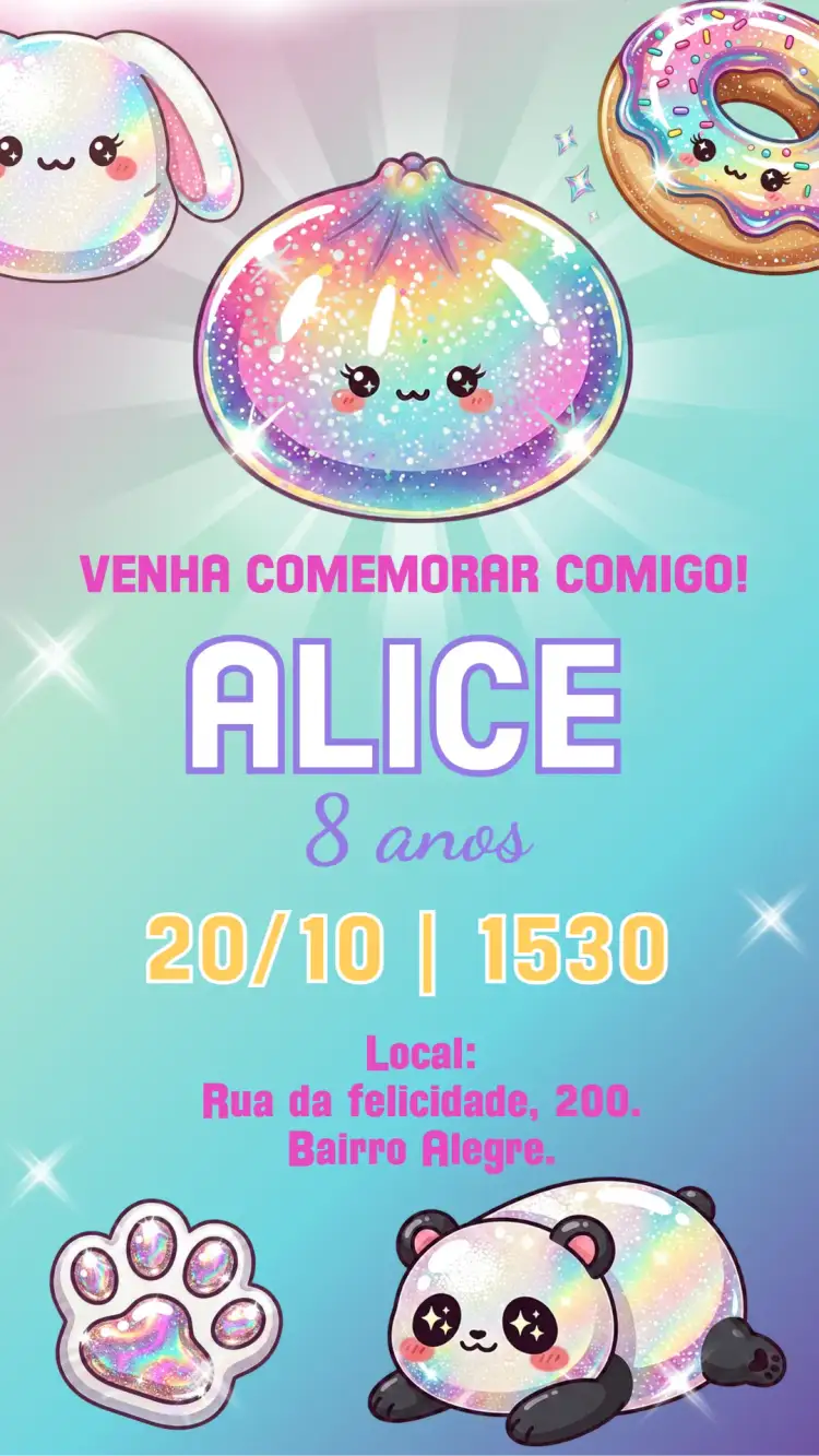 Convite Convite digital Squishy – tema Aniversário Infantil colorido, divertido, brilhante, moderno, lúdico