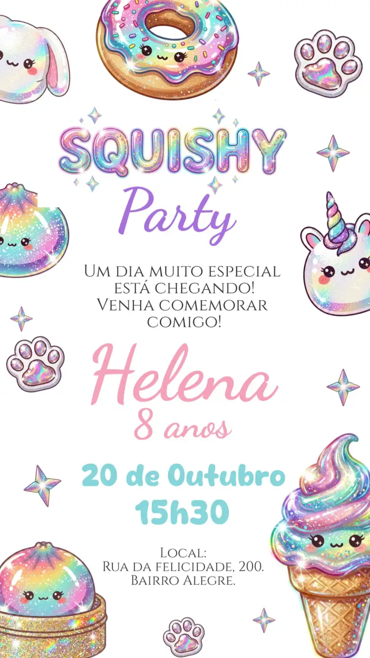 Convite Convite digital Squishy party – tema Aniversário Infantil colorido, holográfico, divertido, brilhante, infantil